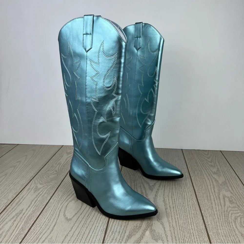 Madden Girl Arizona Knee High Cowboy Boots 7.5M Metallic Blue $99